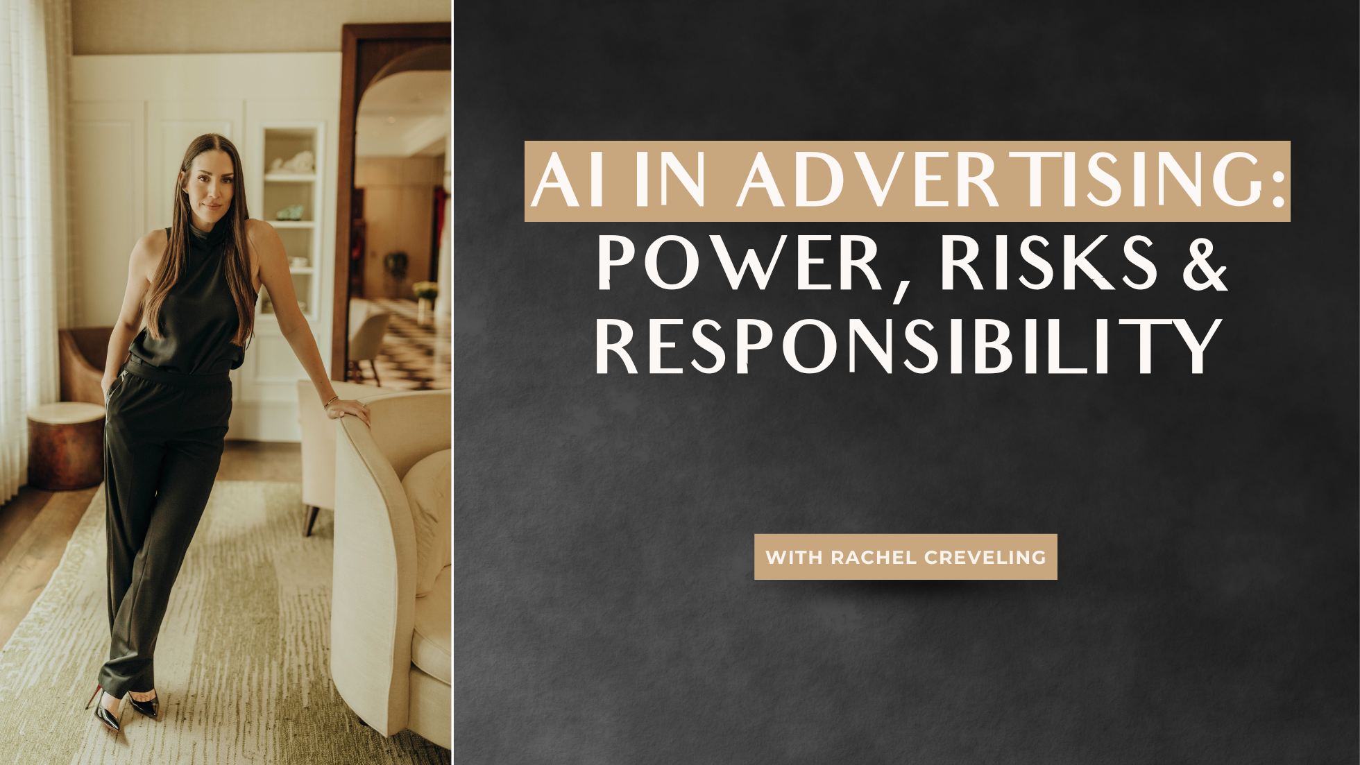 Woman in professional outfit with graphic overlay that says AI in Advertising Power, Risks & Responsibility