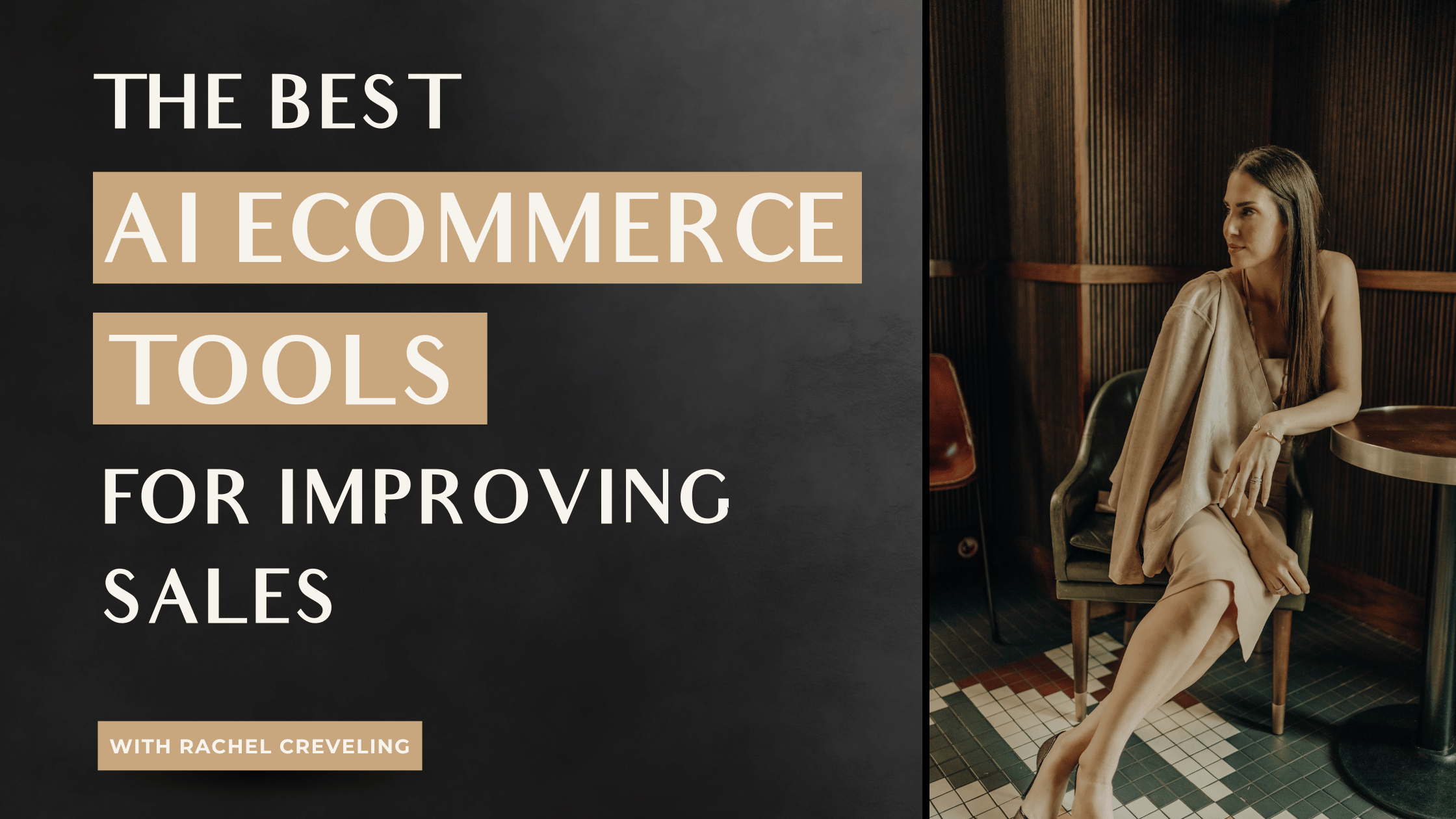 Rachel Creveling sits at a table looking at a graphic that says The Best AI Ecommerce Tools for Improving Sales 